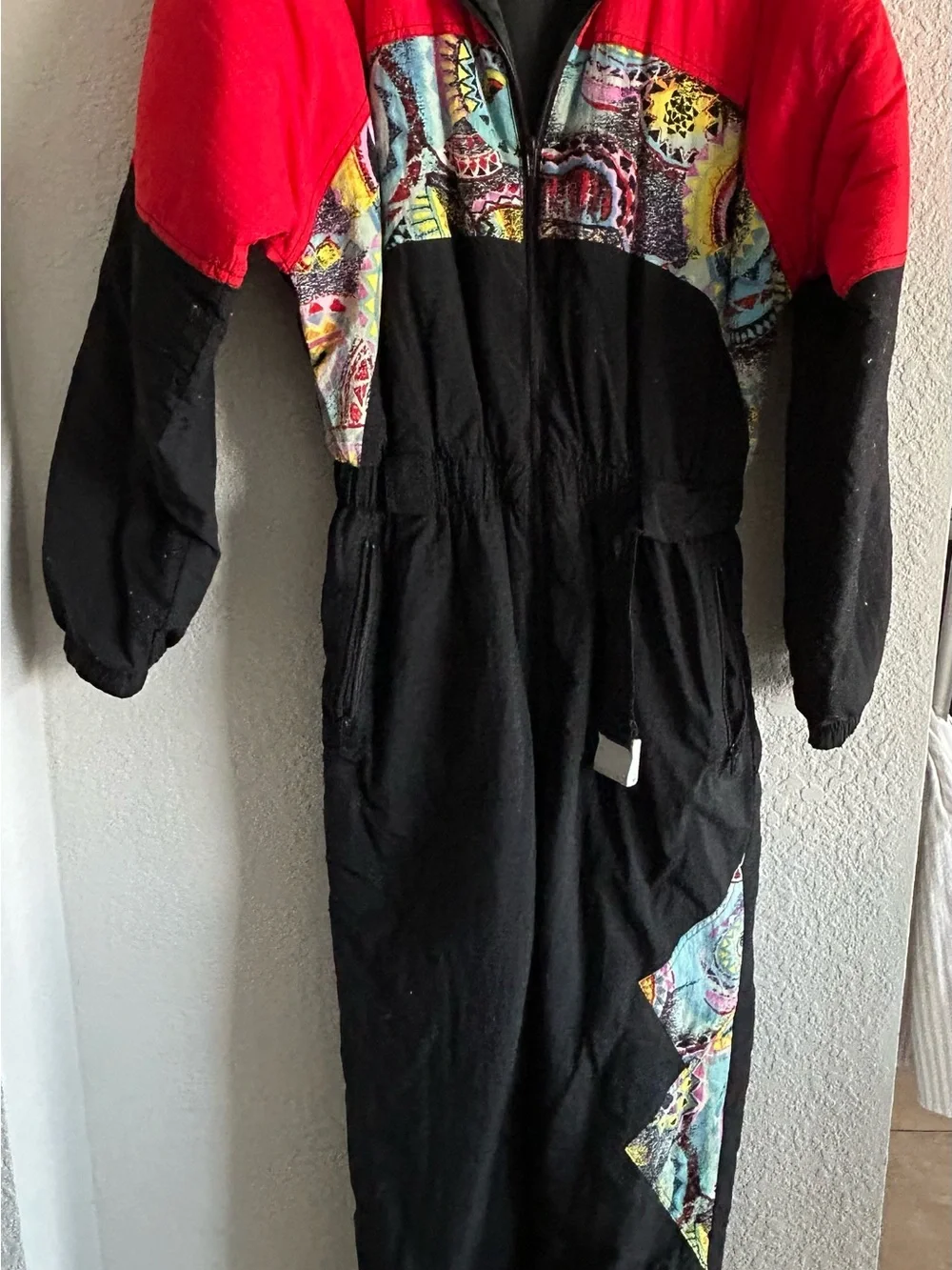 Vintage Black & Red One-Piece Jumpsuit with Colorful Aztec Panels
